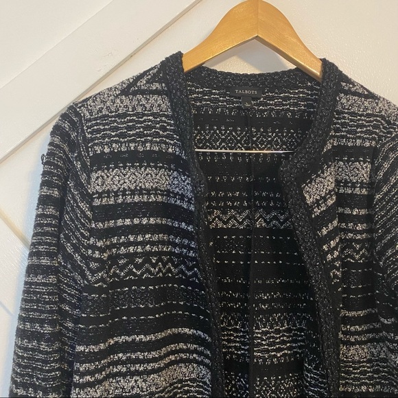 Talbots Metallic Striped Open Front Longline Tweed Sweater Cardigan Black Sz L - Picture 2 of 7